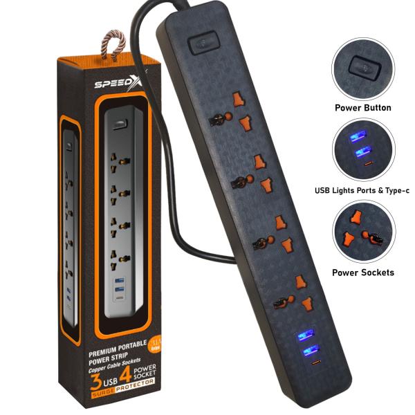 403PUC Speed-X Premium Portable Power Strip – 4 Sockets, 2 USB, 1 Type-C Port