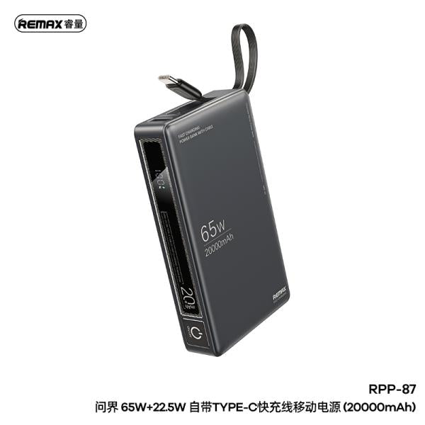 REMAX RPP-87 Wingle Series 20000mAh Power Bank – 65W PD + 22.5W Fast Charging | Laptop & Mobile Charger | Gray
