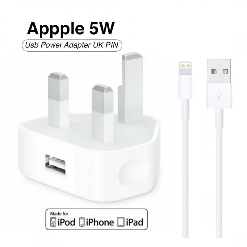 iPhone 5W USB Power Adapter with Lightning to USB Cable – UK 3-Pin Plug