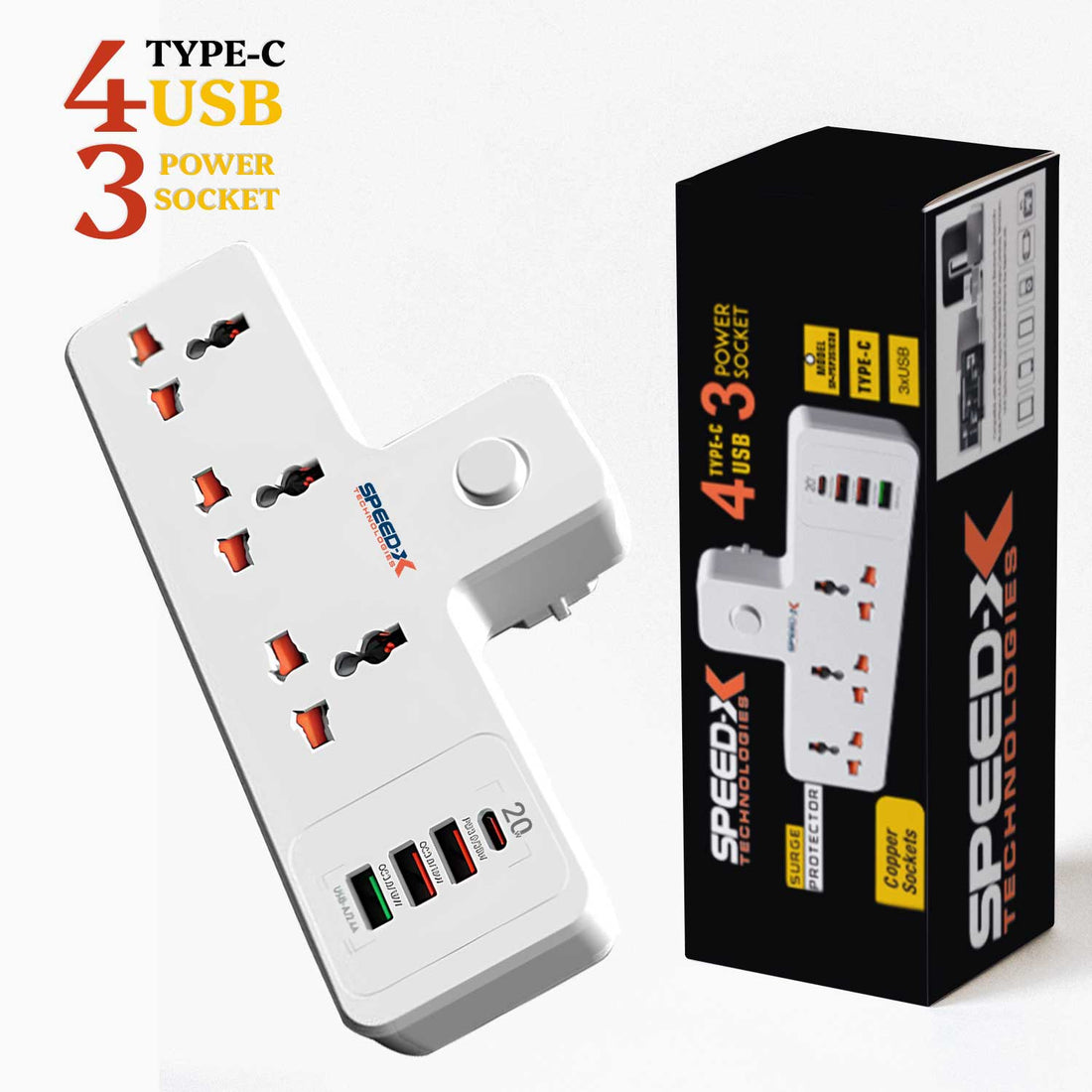 Speed-X 304PUC Premium Portable Power Strip – 3 AC Sockets, 3 USB Ports & 1 Type-C Port
