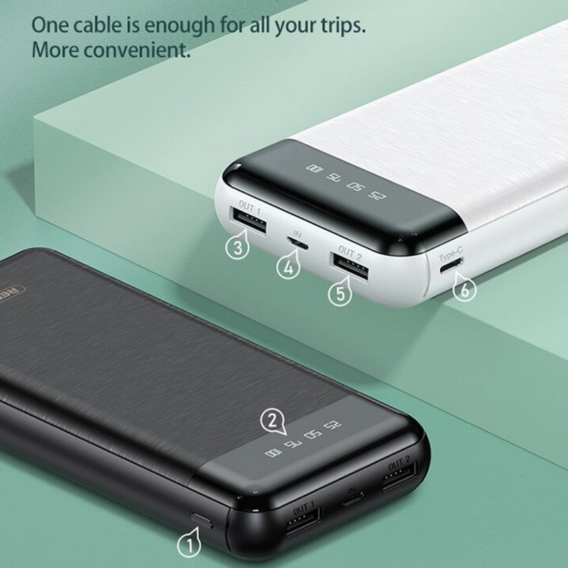 Remax WK WP-163 20000mAh Power Bank – Black | Dual USB Output | High-Capacity Portable Charger