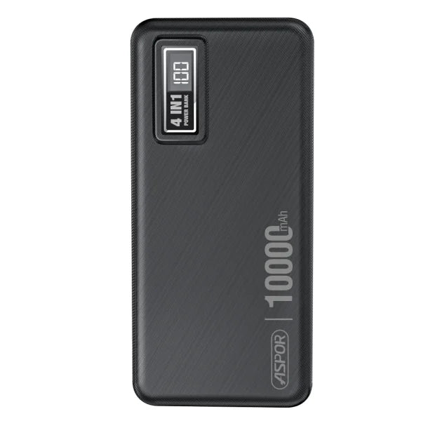 4-in-1 10000mAh Power Bank Branded(Aspor-A300)Slim Li-Polymer Portable Charger (Black)