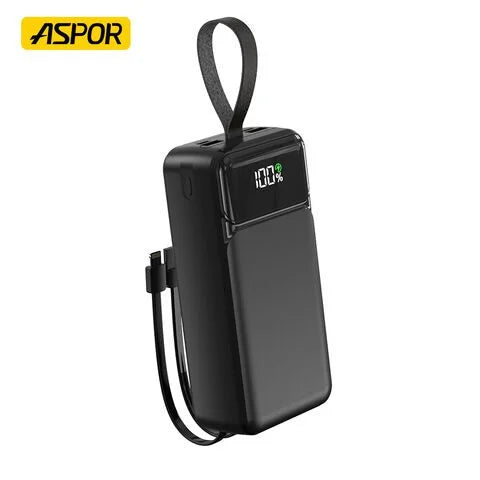 ASPOR A317 30000mAh Power Bank – 22.5W Fast Charging with 3 Built-in Cables (Black)