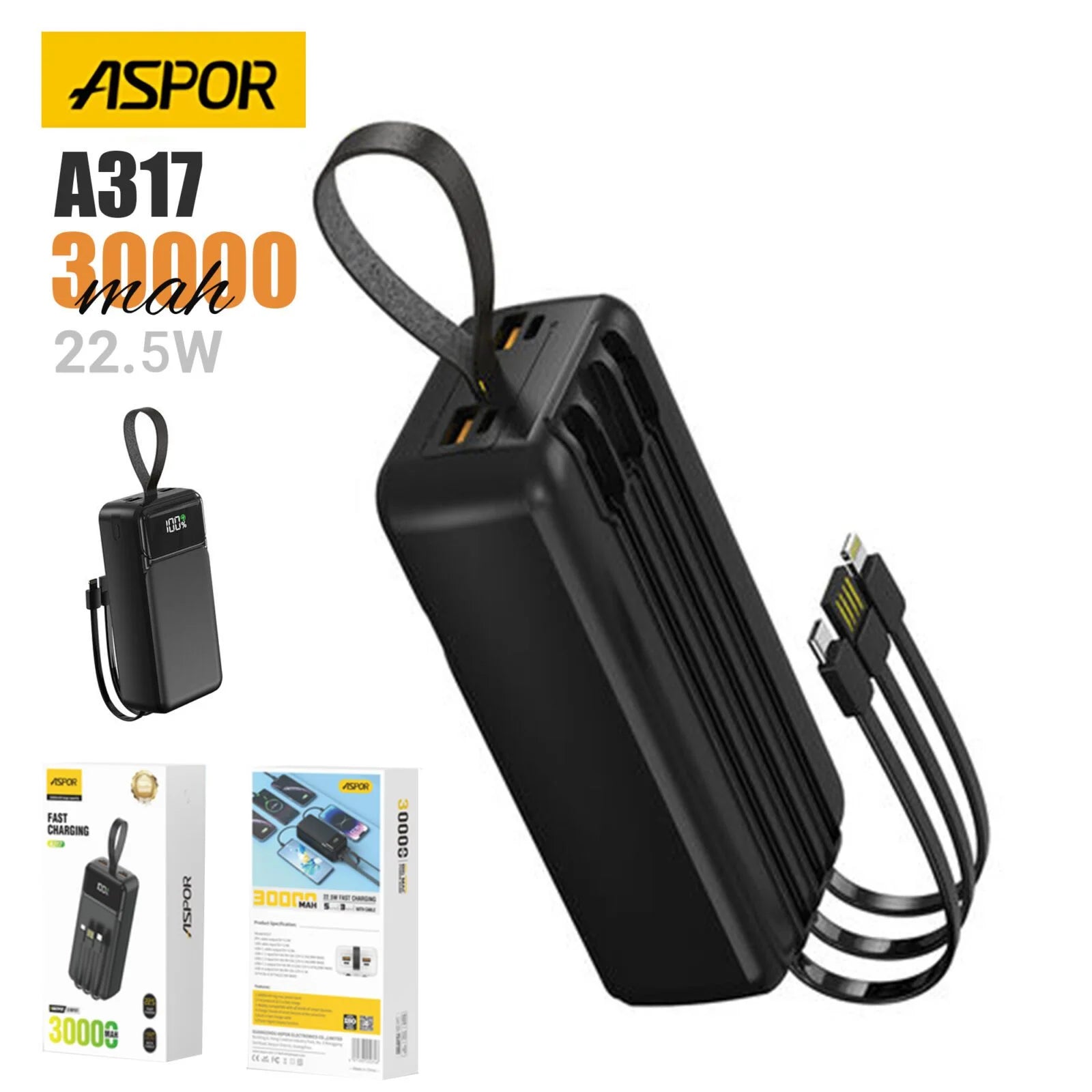 ASPOR A317 30000mAh Power Bank – 22.5W Fast Charging with 3 Built-in Cables (Black)