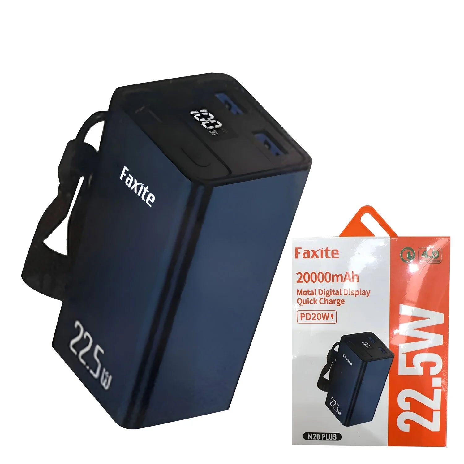 FAXITE M20PLUS 20 000 mAh Metal Power Bank – Digital Display, 22.5 W Output, Quick Charge 4.0