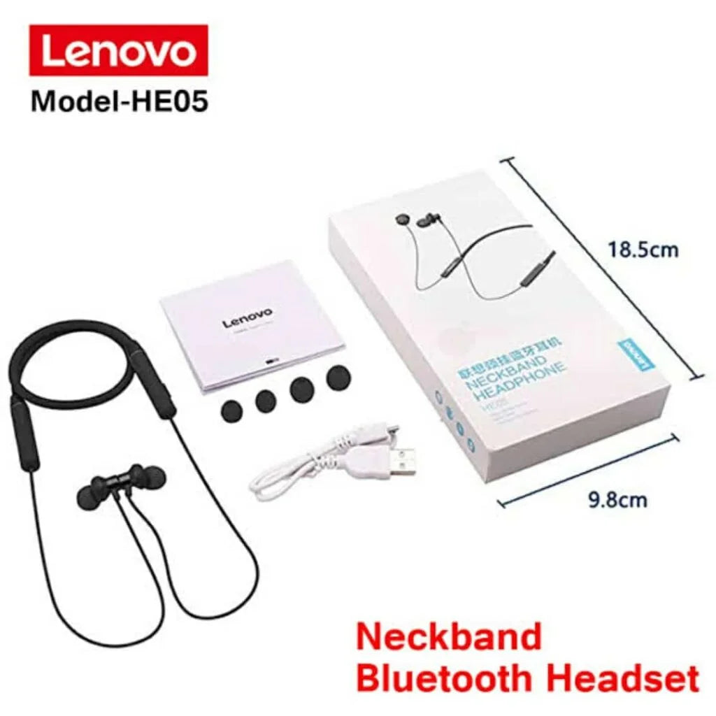 Lenovo HE05 Original Neckband Bluetooth Headphones – Magnetic Earbuds, Deep Bass, Long Battery Life