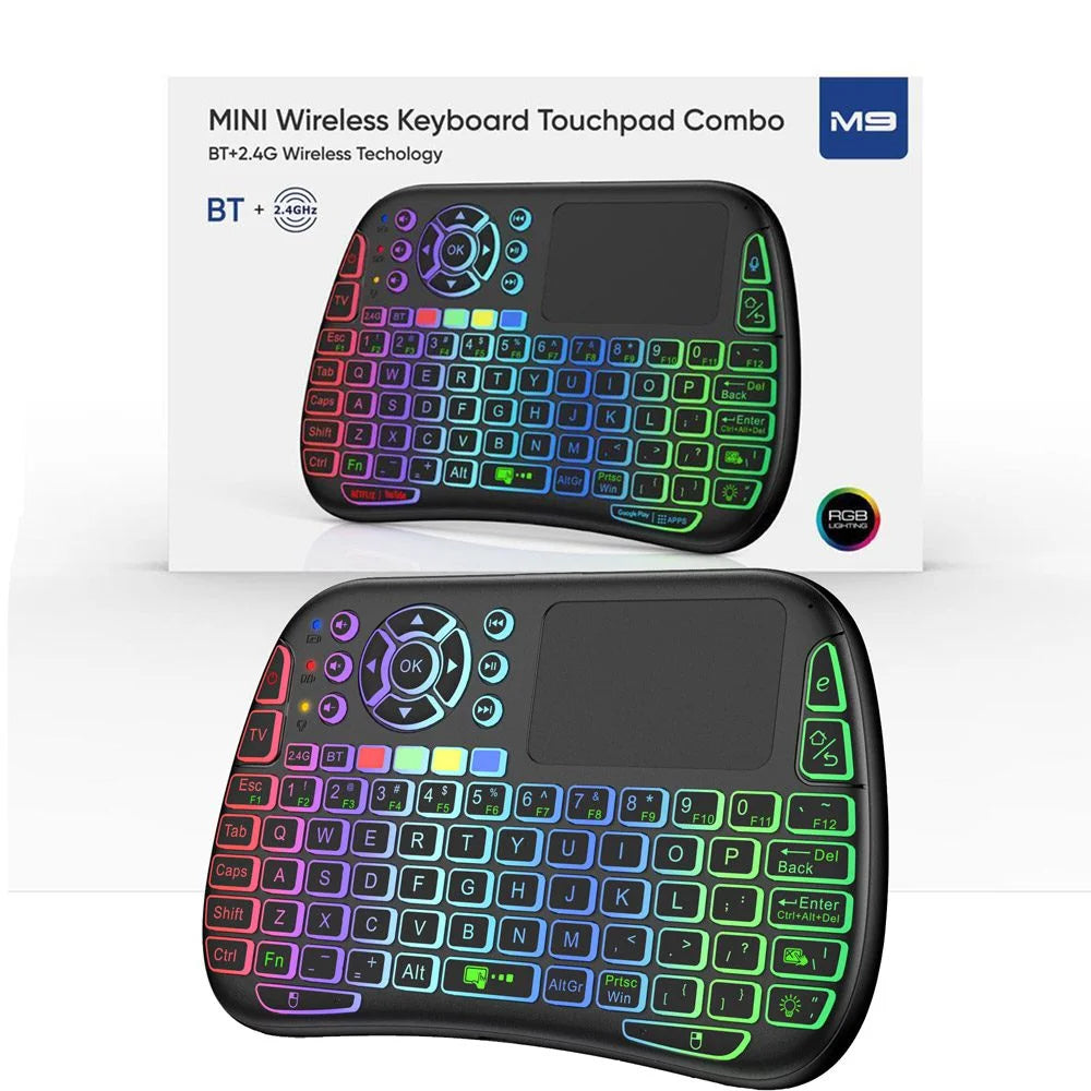 M9 Bluetooth Mini Wireless Keyboard – 7-Color Backlit with 2.4G Air Mouse & Touchpad
