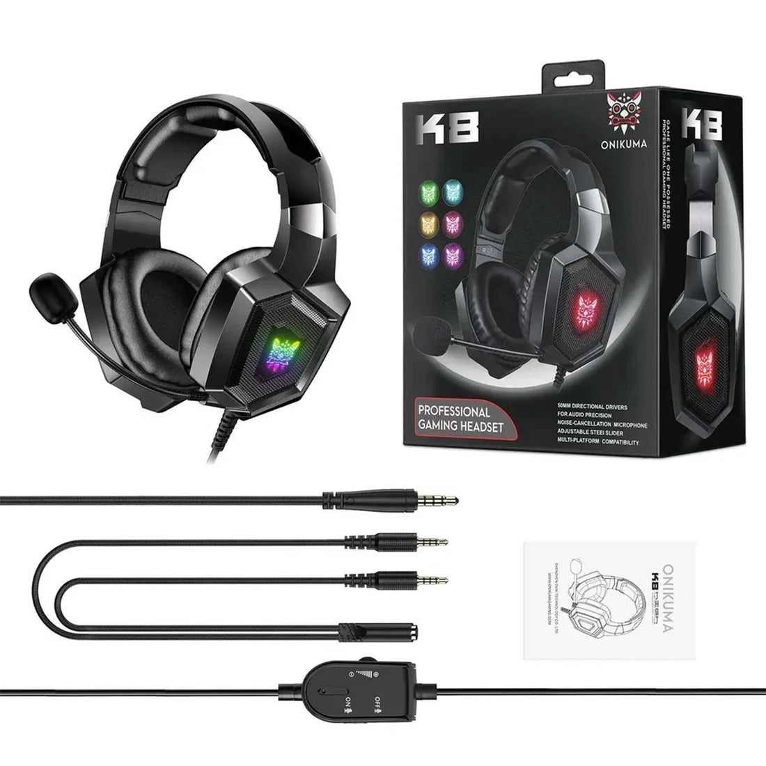 ONIKUMA K8 RGB Over-Ear Gaming Headset – Mic & Volume Control, LED Lights