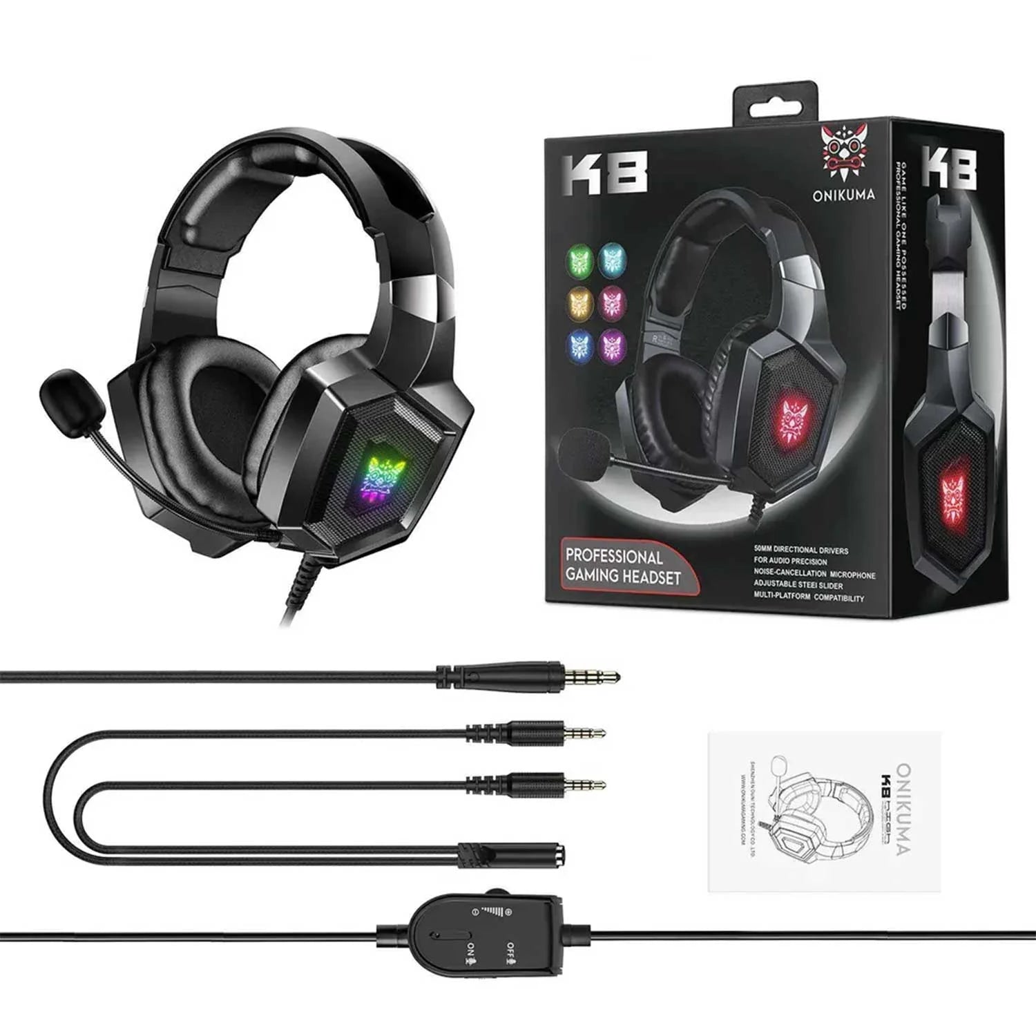 ONIKUMA K8 RGB Over-Ear Gaming Headset – Mic & Volume Control, LED Lights