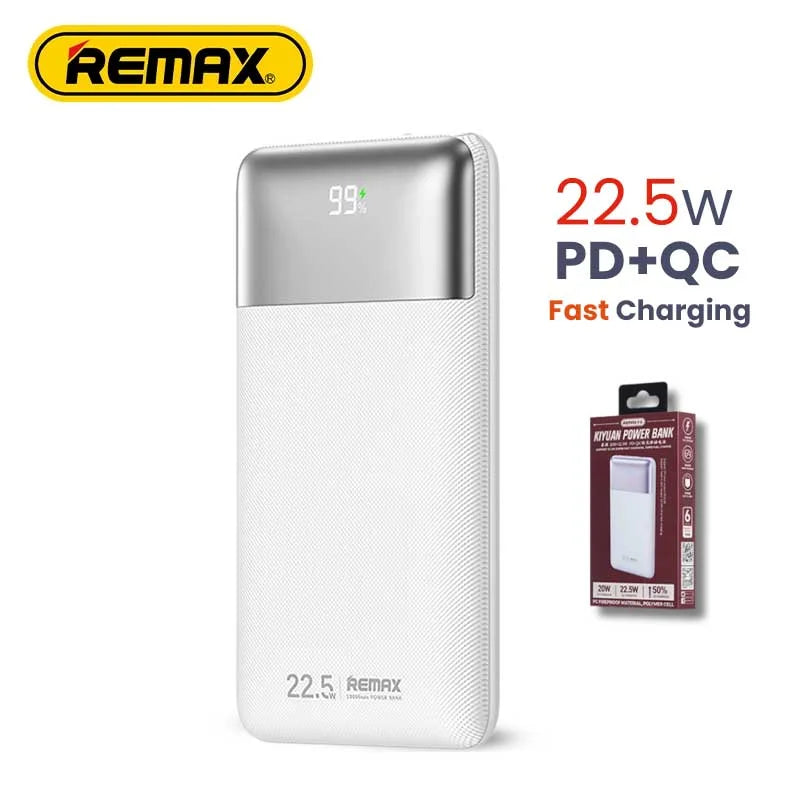 REMAX Kiyuan Series RPP-5 10000mAh Power Bank – 20W PD + 22.5W QC Fast Charging, Dual Output, White