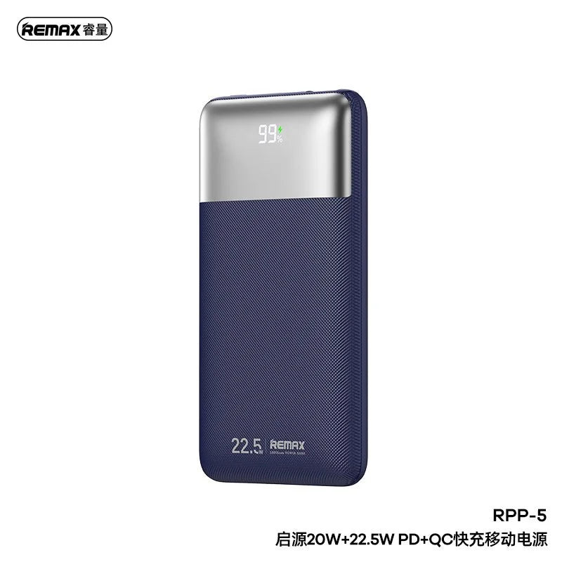 REMAX Kiyuan Series RPP-5 10000mAh Power Bank – 20W PD + 22.5W QC Fast Charging, Dual Output, Dark Blue