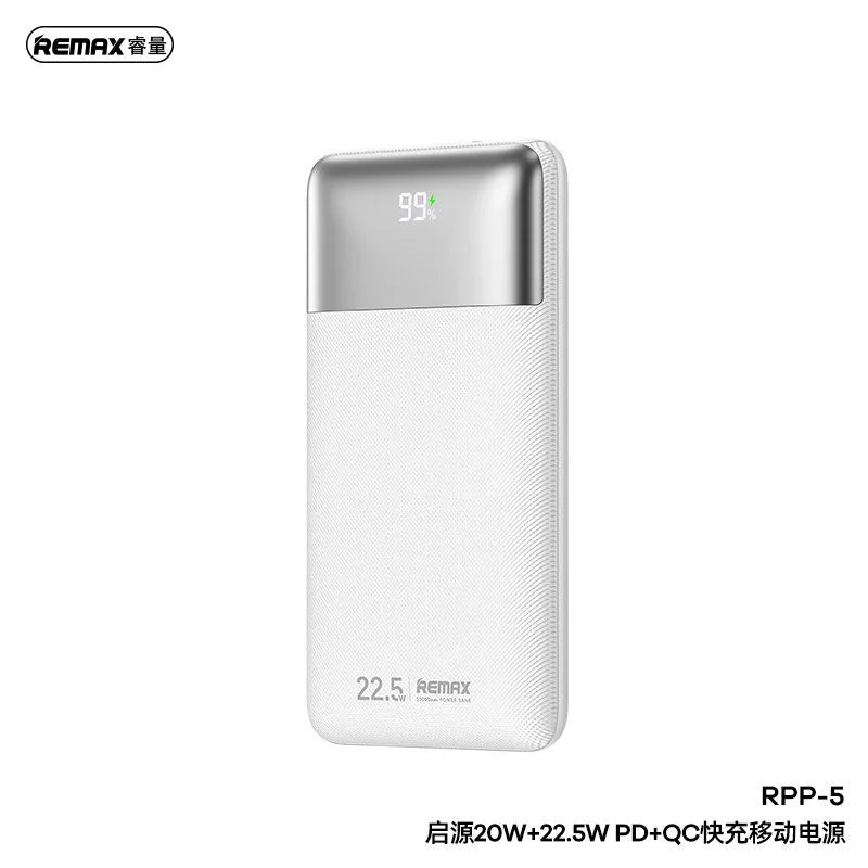 REMAX Kiyuan Series RPP-5 10000mAh Power Bank – 20W PD + 22.5W QC Fast Charging, Dual Output, White