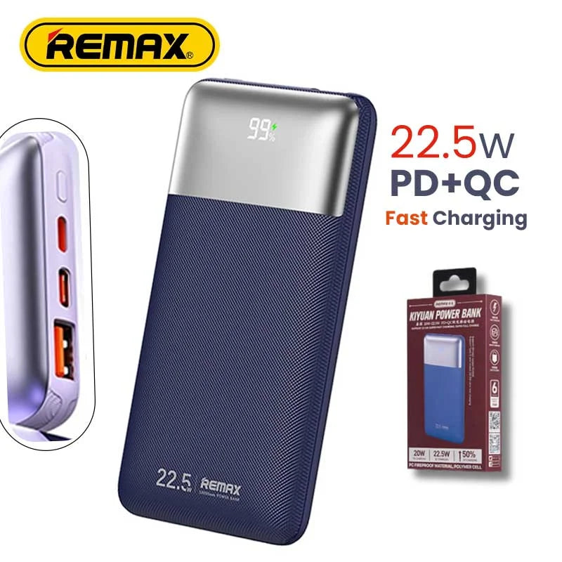 REMAX Kiyuan Series RPP-5 10000mAh Power Bank – 20W PD + 22.5W QC Fast Charging, Dual Output, Dark Blue