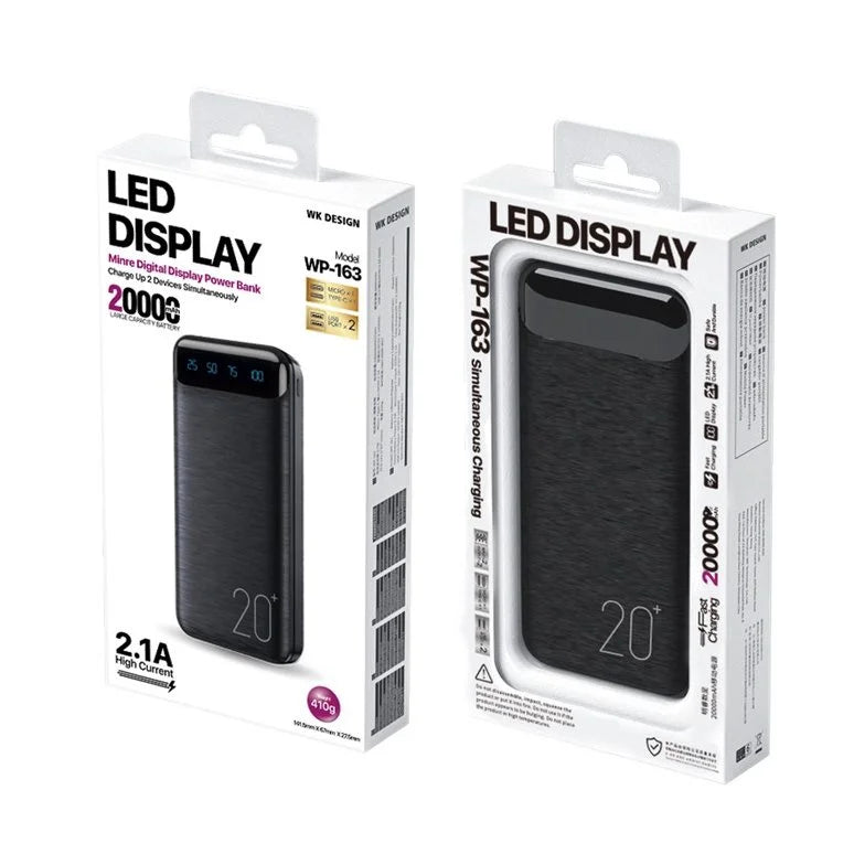 Remax WK WP-163 20000mAh Power Bank – Black | Dual USB Output | High-Capacity Portable Charger