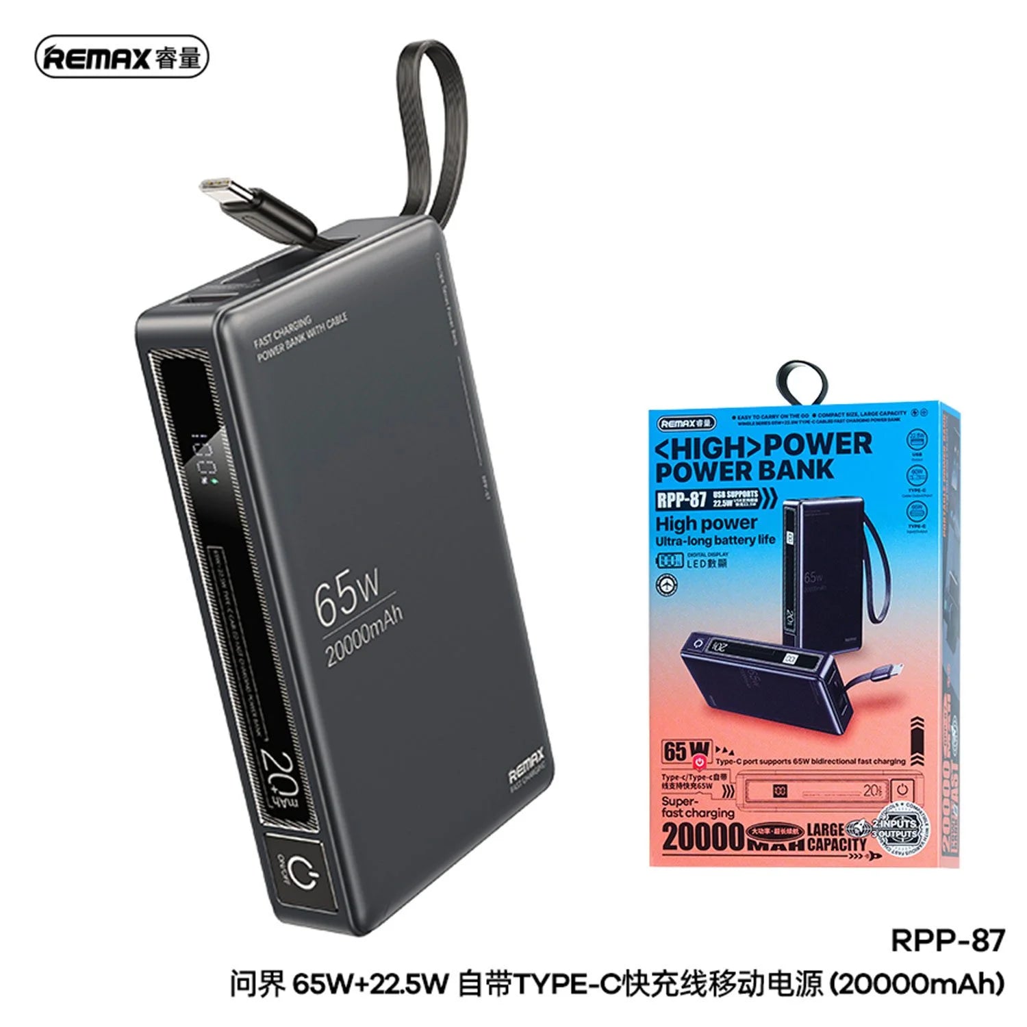 REMAX RPP-87 Wingle Series 20000mAh Power Bank – 65W PD + 22.5W Fast Charging | Laptop & Mobile Charger | Gray