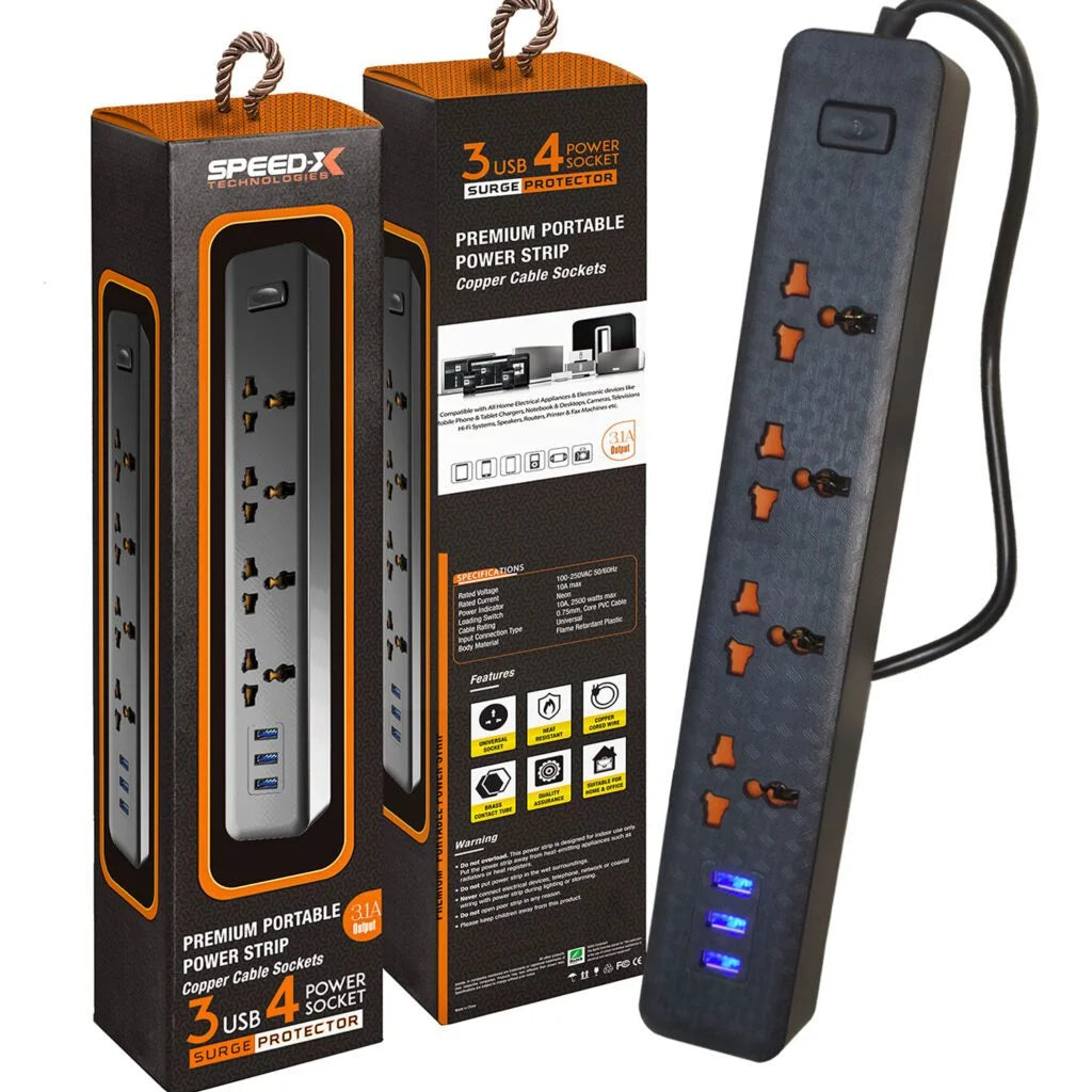 403PUC Speed-X Premium Portable Power Strip – 4 Sockets, 2 USB, 1 Type-C Port