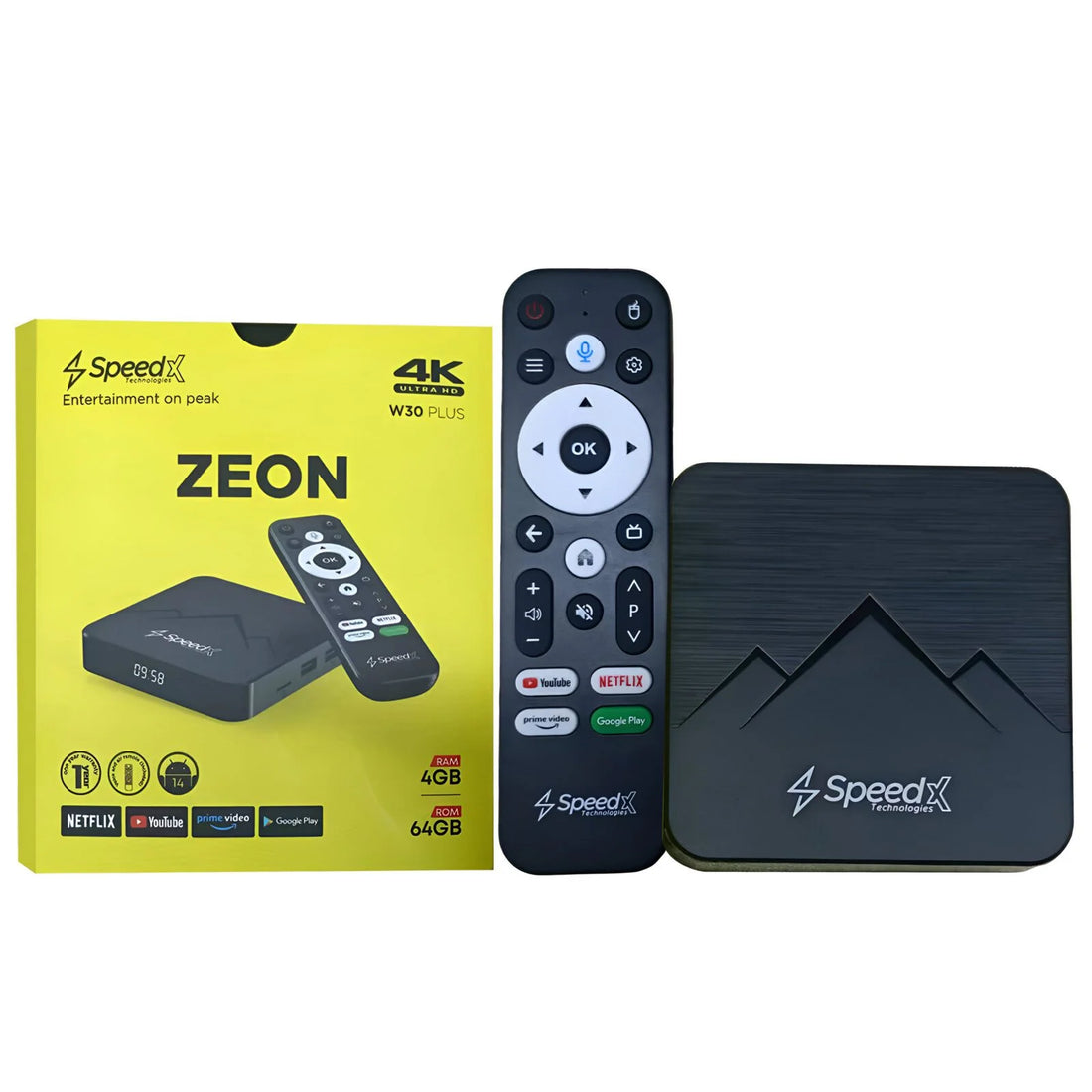 Speedx W30 Plus Zeon Android 14.0 Smart TV Box – Quad-Core Cortex-A53, 4GB RAM + 64GB ROM, Dual-Band WiFi, 4K 60FPS, Air Mouse with Voice Control