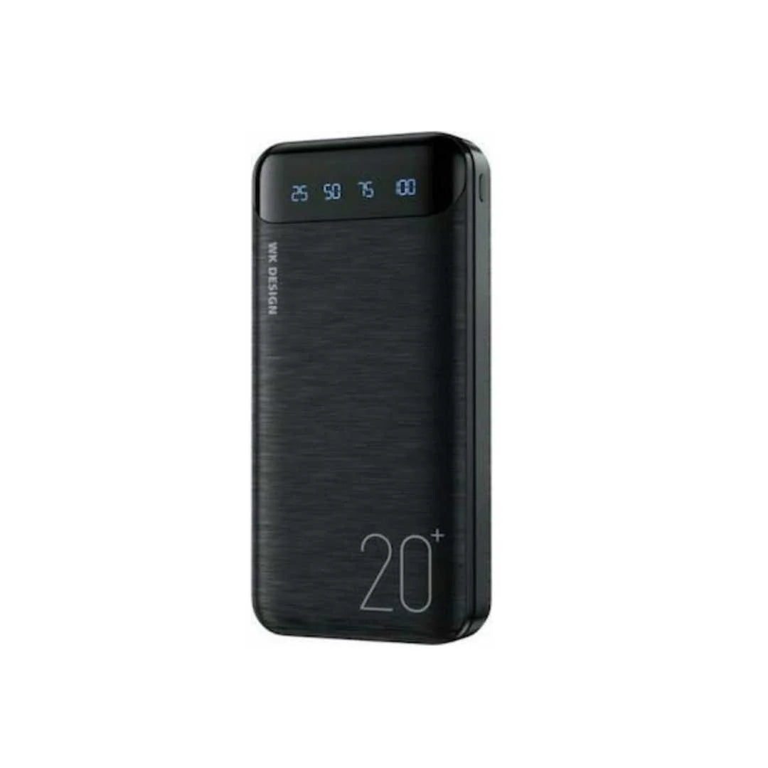 Remax WK WP‑163 20 000 mAh Power Bank – Dual 2.1A USB Outputs, LED Display, Micro/USB‑C Inputs (Black)