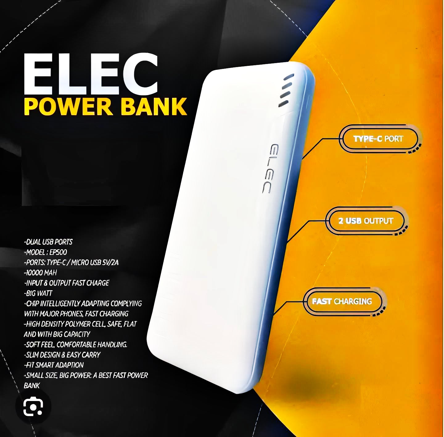 10,000mAh Fast Charging Power Bank – Dual USB Type-A & Type-C Output | Portable Charger with Box – White