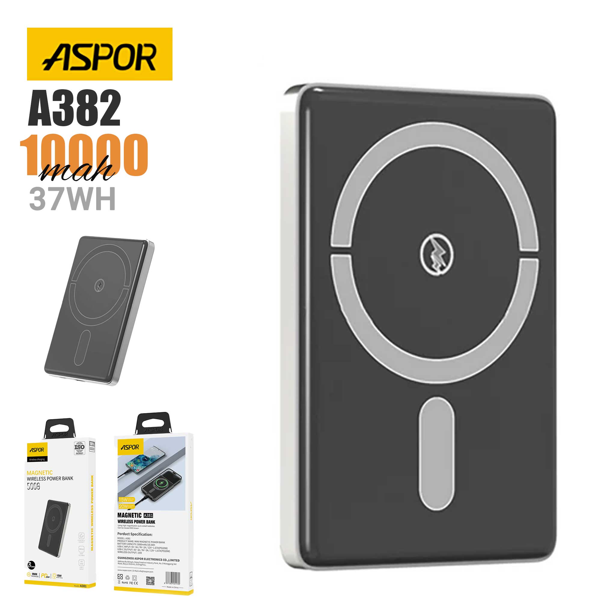 ASPOR A382 10000mAh Wireless Magnetic Power Bank – 37Wh Mini Portable Charger with Fast Wireless Charging