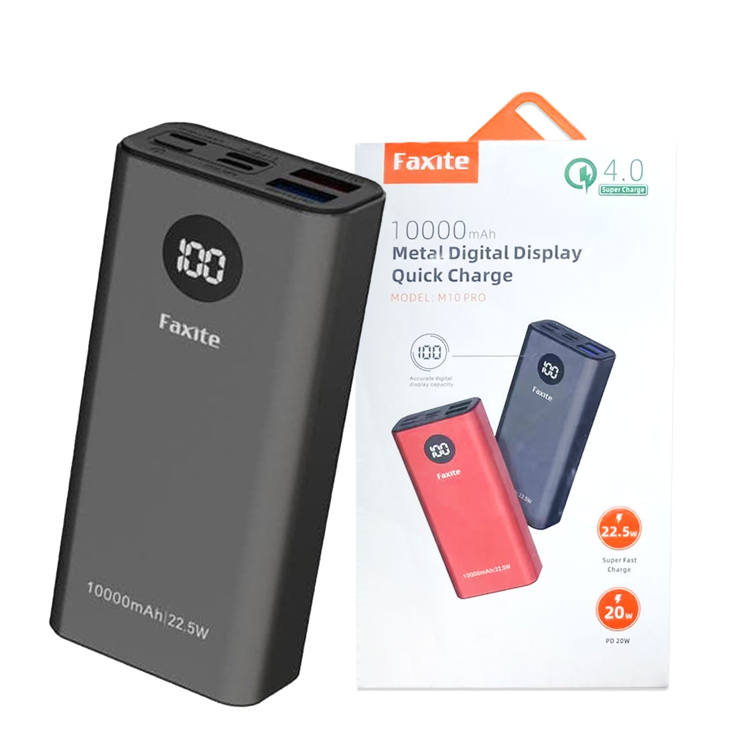 Faxite 10,000mAh 22.5W Metal Power Bank | Quick Charge 4.0 | Digital LED Display | Fast Charging Portable Charger