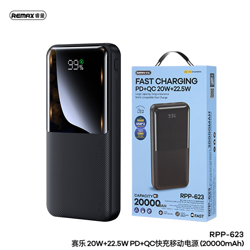 Remax RPP-623 20000mAh Fast Charging Power Bank – 20W PD + 22.5W QC, Dual Output, High-Capacity Charger