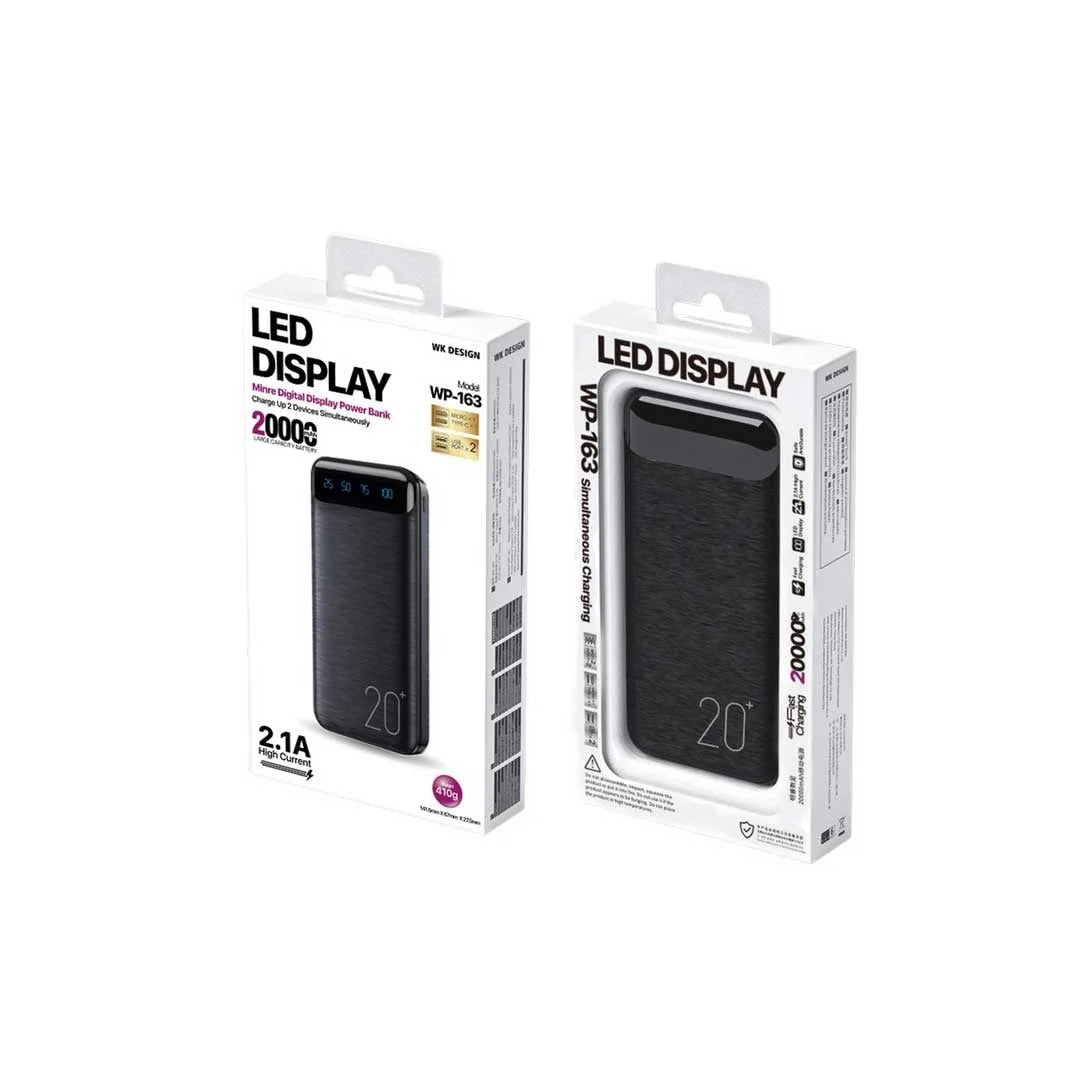 Remax WK WP‑163 20 000 mAh Power Bank – Dual 2.1A USB Outputs, LED Display, Micro/USB‑C Inputs (Black)