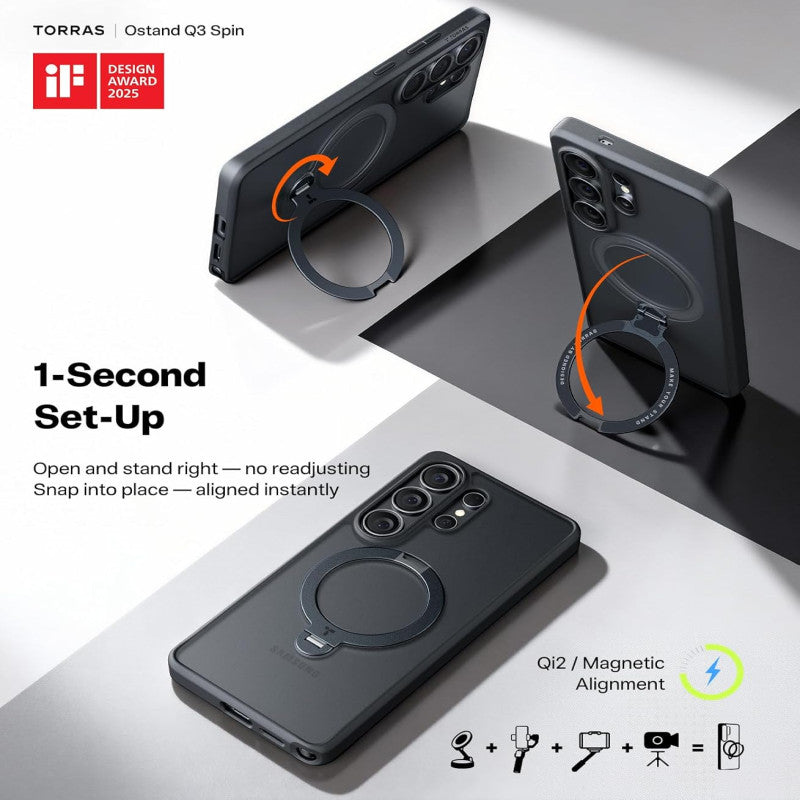 Torras Ostand Spin Magnetic (MagSafe Compatible) Series Phone Case for Samsung Galaxy S26 Ultra – Black