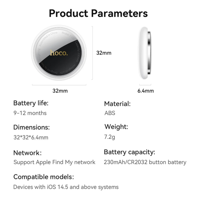 HOCO Smart Tracker Tag Anto Lost Device GPS Built-In with iOS/Android Find My App Support - E100
