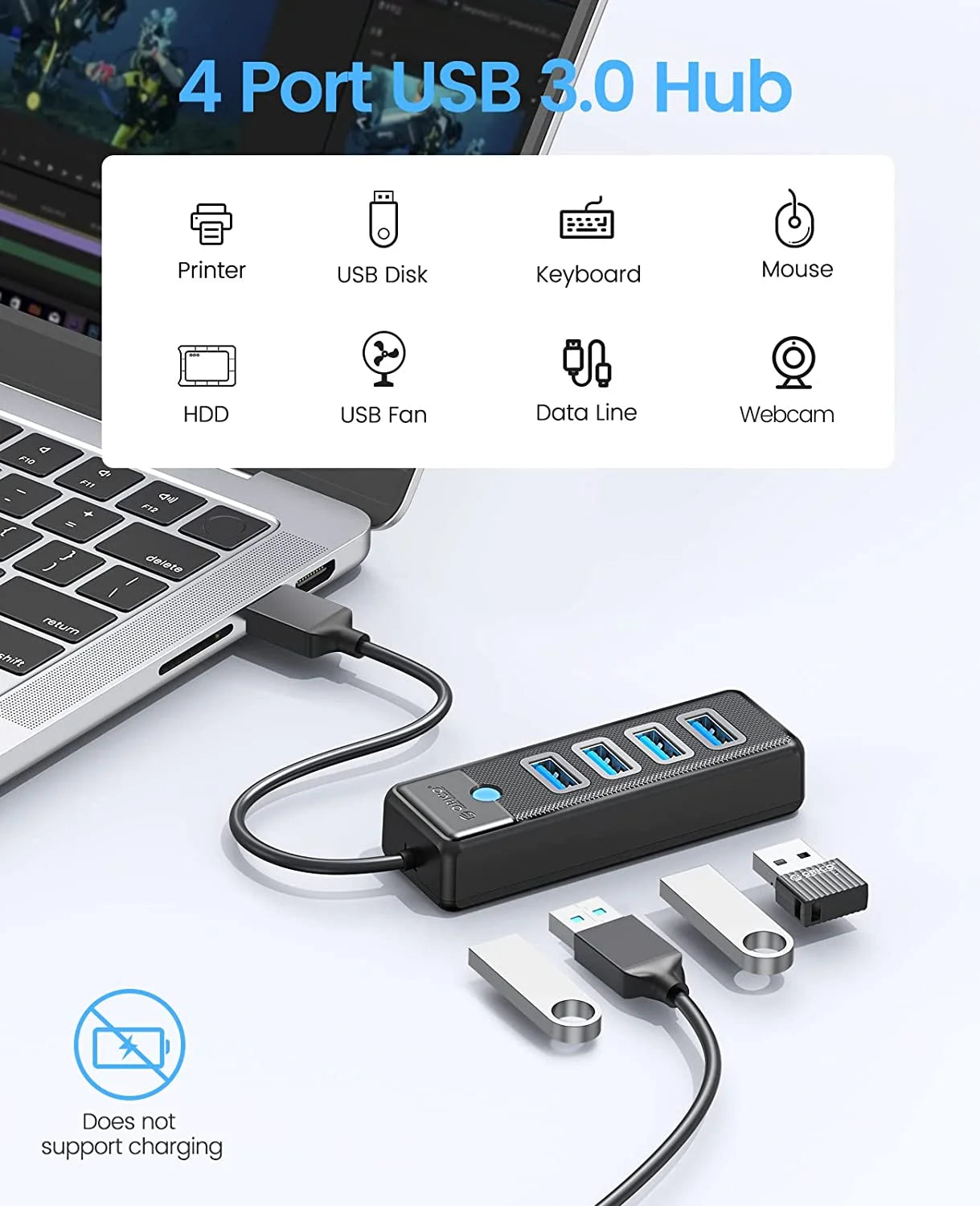 ORICO PW4U 4-Port USB 3.0 Hub – High-Speed 5Gbps Fast Data Transfer