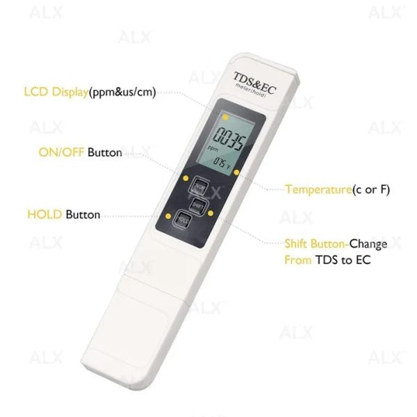 Portable Digital Water Tds, Ec, And Temperature Meter (3-in-1) With Atc Function, 1ppm Resolution, 0-9990ppm Purity Tester