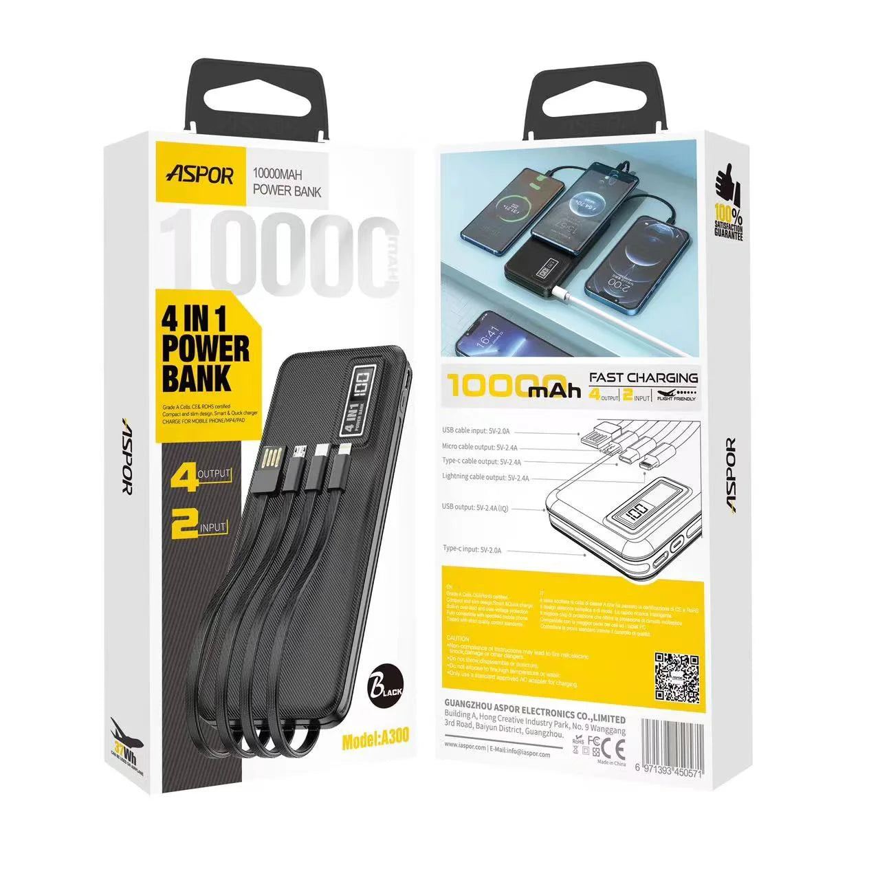 4-in-1 10000mAh Power Bank Branded(Aspor-A300)Slim Li-Polymer Portable Charger (Black)