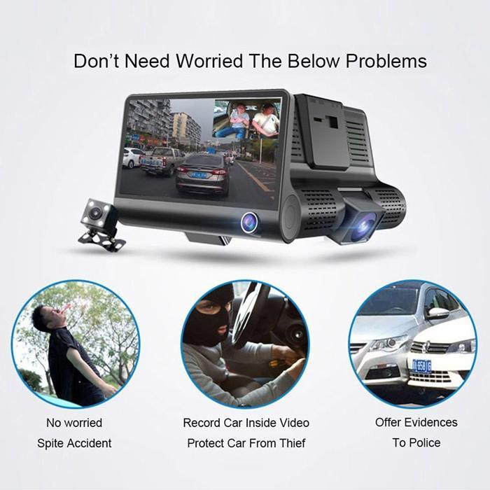 WDR 3-Lens Dashcam – Triple Camera Car DVR with Full HD 1080P Recording