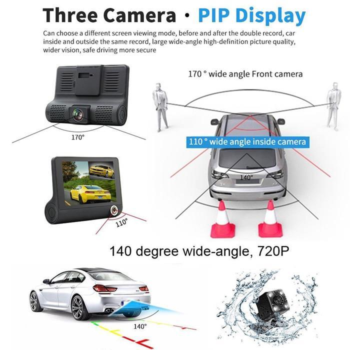 WDR 3-Lens Dashcam – Triple Camera Car DVR with Full HD 1080P Recording
