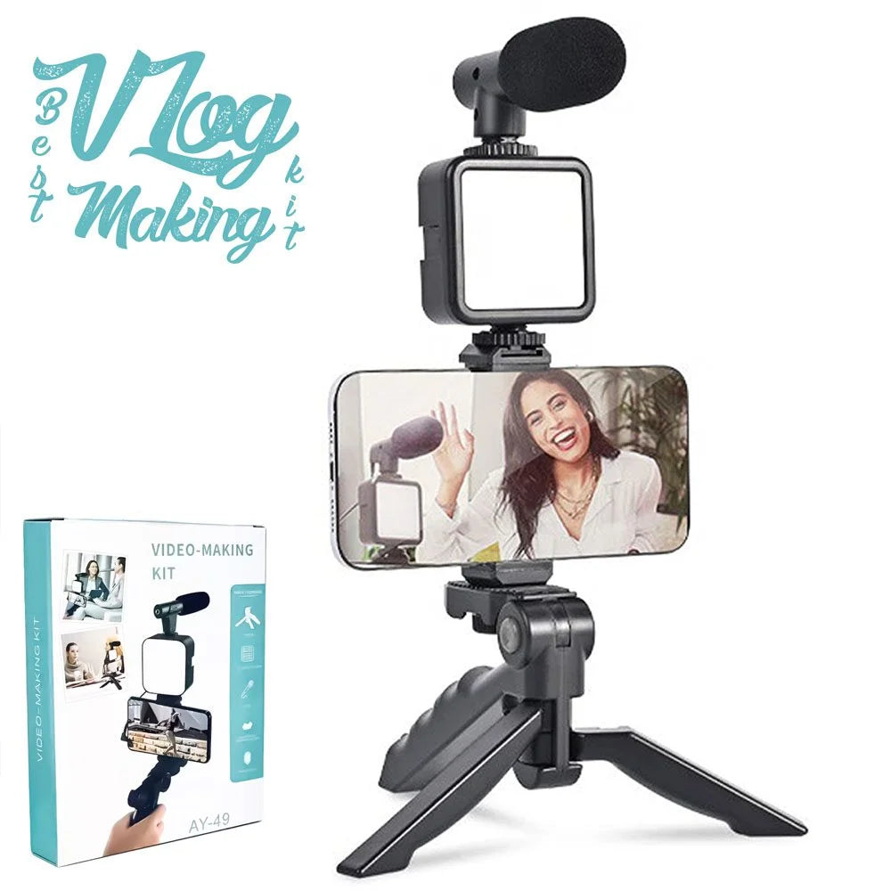 AY-49 Vlogging Kit – Tripod with Triple Ring Light for Video Making & Content Creation