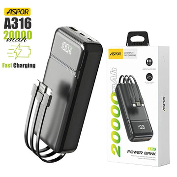 ASPOR A316 20000mAh Power Bank – 22.5W High-Speed Fast Charging with Built-in Cable (Black)