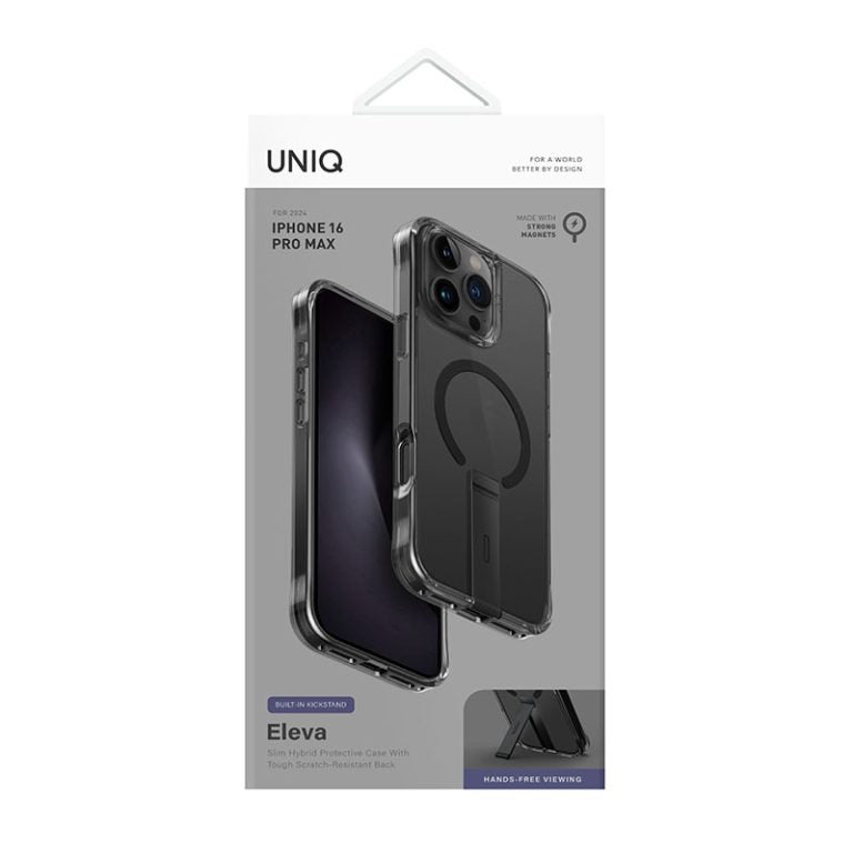UNIQ Eleva Magclick Charging Compatible Phone Case with stand for iPhone 16 Pro Max – Black