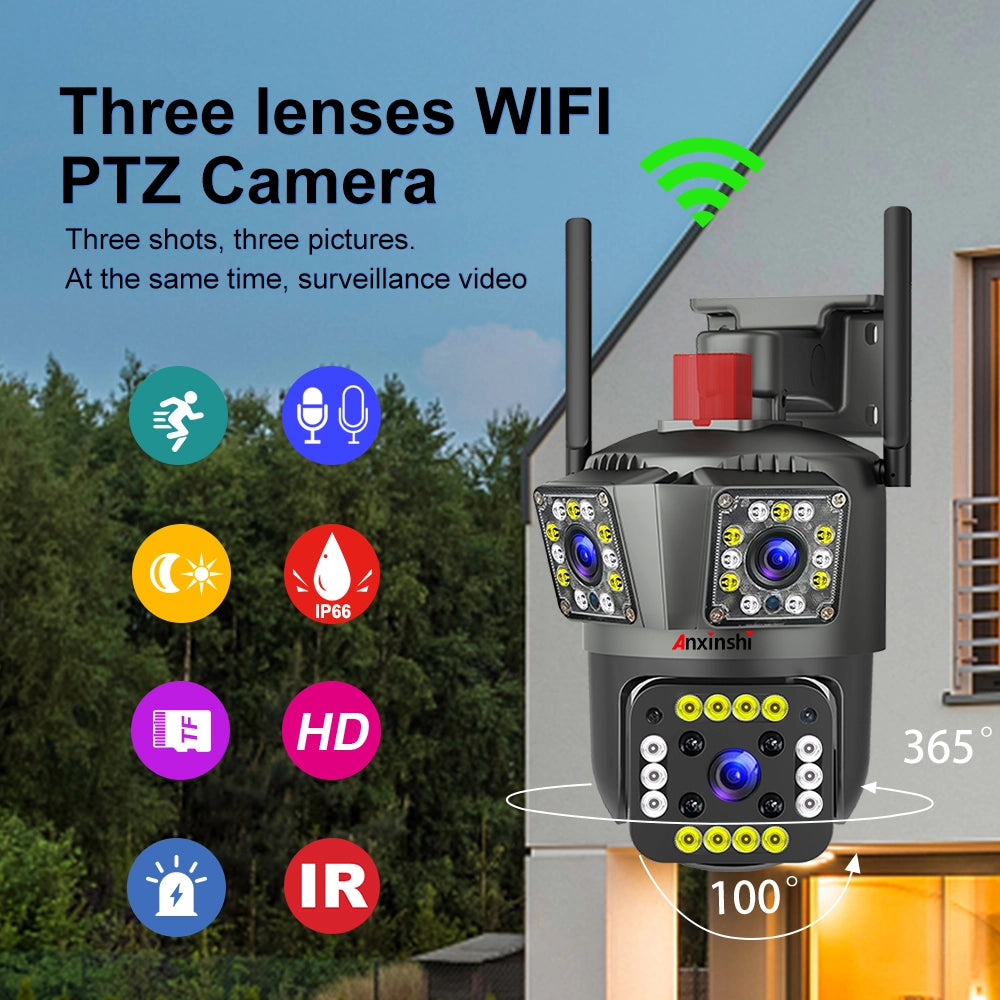 Speed-X 360 Security, 6MP Outdoor WiFi Camera | 3-Lens Color Night Vision with V380 Pro App (SPZ-803)