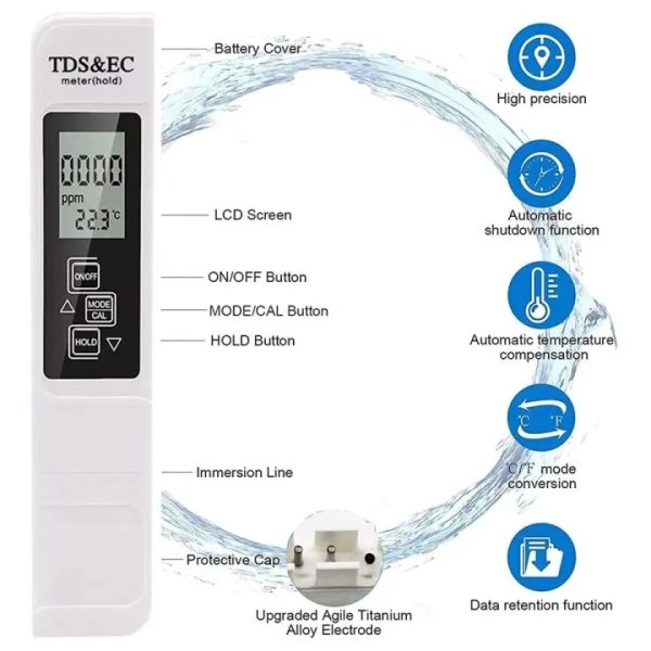 Portable Digital Water Tds, Ec, And Temperature Meter (3-in-1) With Atc Function, 1ppm Resolution, 0-9990ppm Purity Tester