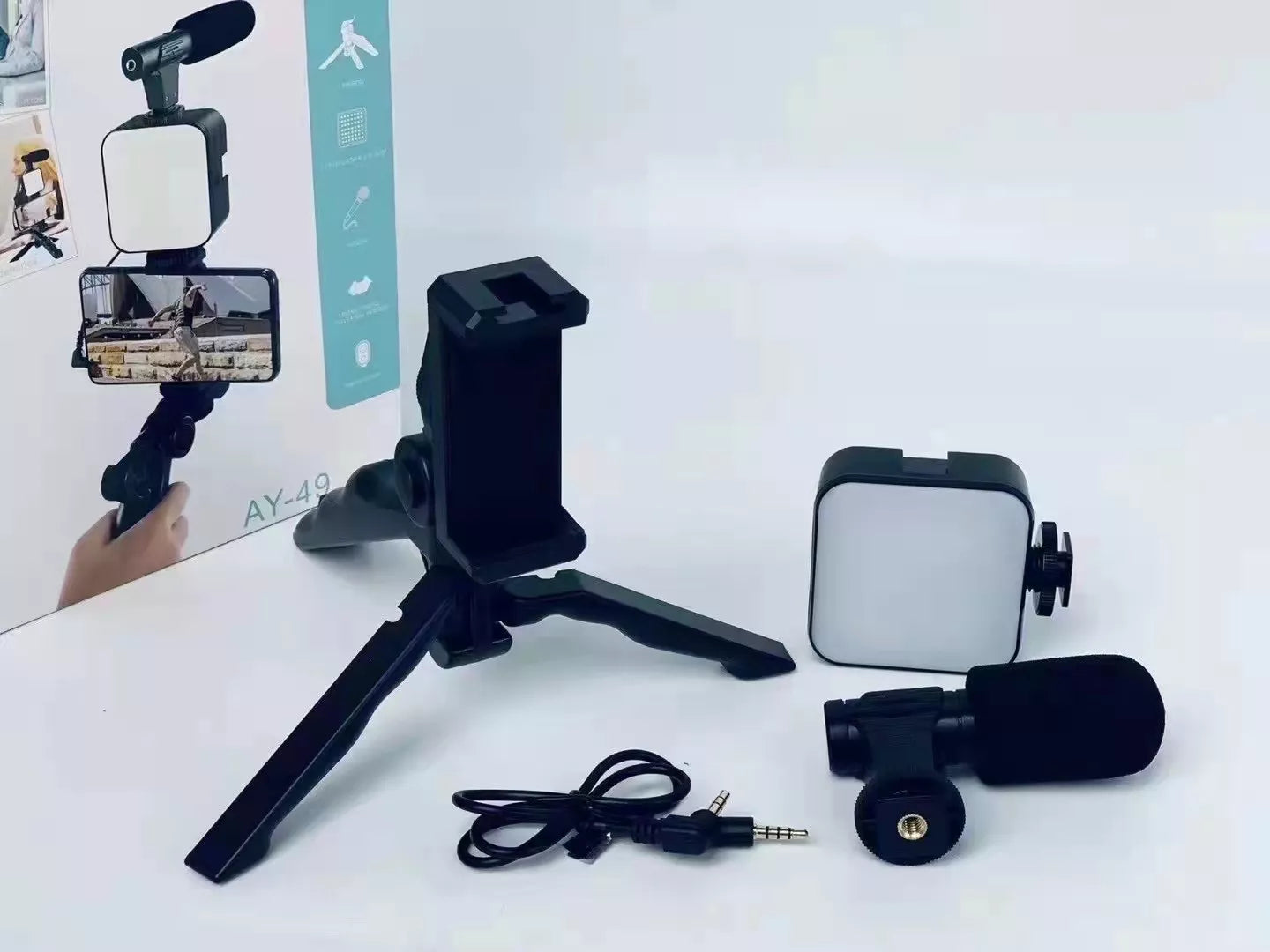 AY-49 Vlogging Kit – Tripod with Triple Ring Light for Video Making & Content Creation