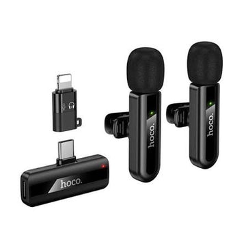 Hoco Fair Dual Mic Lavalier Wireless Microphone with Type C + Lightning Connectors - L20A - Black