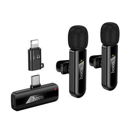 Hoco Fair Dual Mic Lavalier Wireless Microphone with Type C + Lightning Connectors - L20A - Black