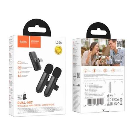 Hoco Fair Dual Mic Lavalier Wireless Microphone with Type C + Lightning Connectors - L20A - Black