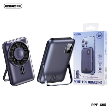 REMAX RPP-695 3-in-1 Power Bank 22.5W + PD 20W with 15W Wireless Charging & Foldable Stand – Blue
