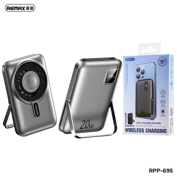 REMAX RPP-695 3-in-1 Power Bank 22.5W + PD 20W with 15W Wireless Charging & Foldable Stand – Grey