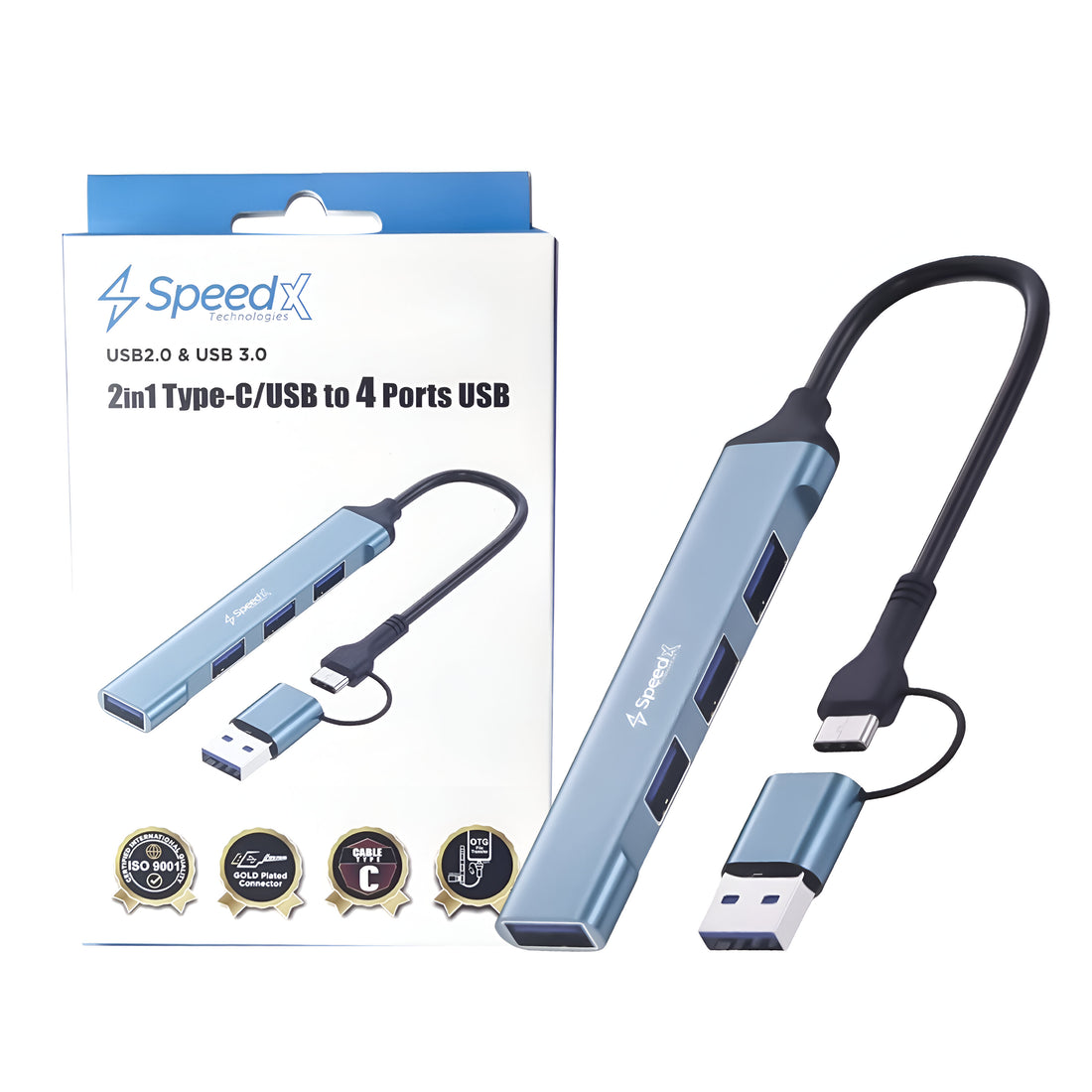 USB 3.0 4-Port Hub – 2-in-1 Type-C & USB-A Connectors for Laptop, PC, MacBook